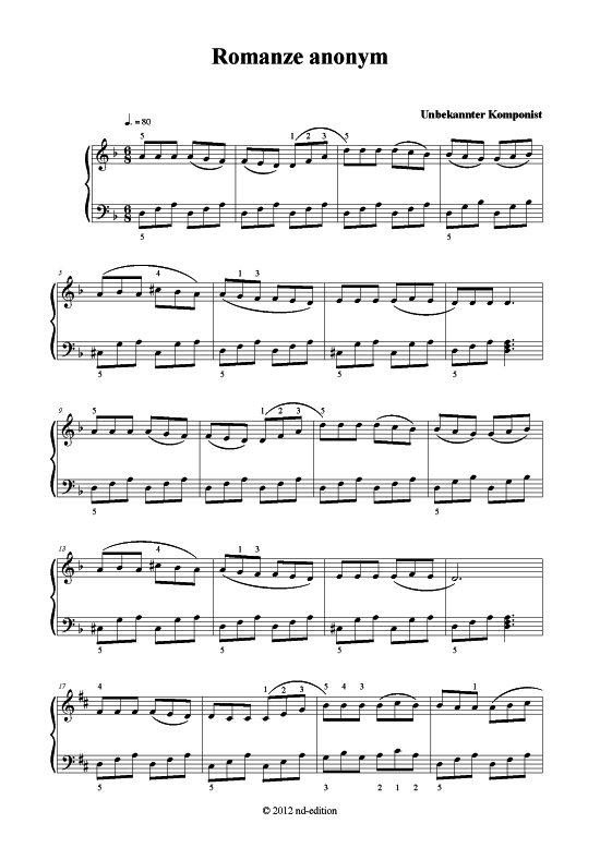 Romanze (Klavier solo leicht) (Klavier einfach) von unbekannter Verfasser (bearb.)