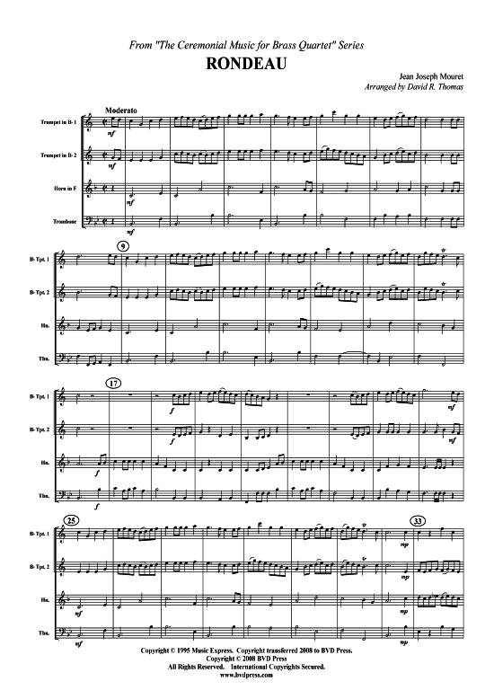 Rondeau (2xTromp in B Horn in F (Pos) Pos) (Quartett (Blech Brass)) von Jean-Joseph Mouret (arr. Thomas)