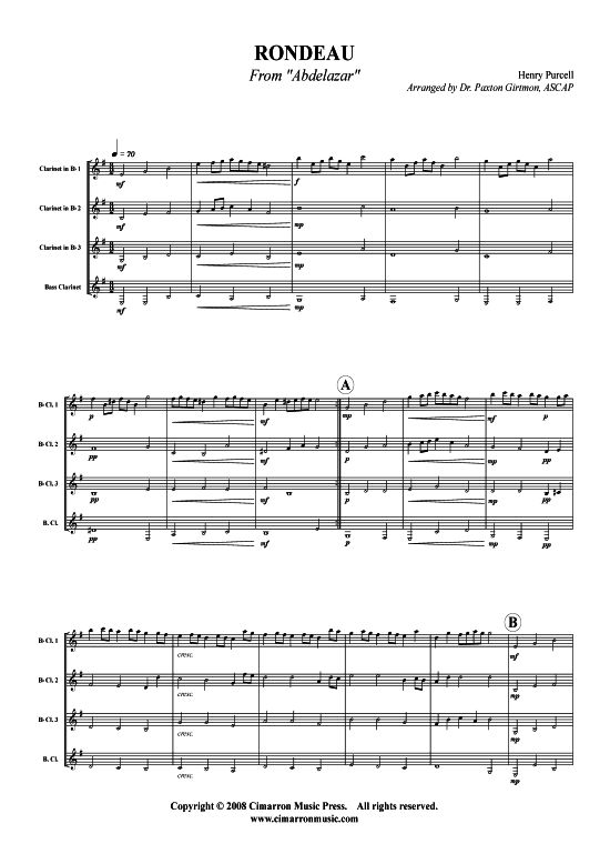 Rondeau (Klarinetten-Quartett) (Quartett (Klarinette)) von Henry Purcell (aus Adbelazar)