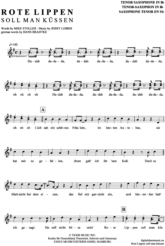 Rote Lippen soll man k uuml ssen (Tenor-Sax) (Tenor Saxophon) von Cliff Richard
