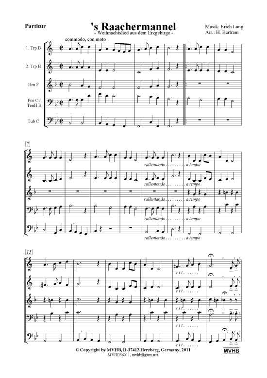 s Raachermannel (Blechbl auml serquintett + Oberst. ad lib) (Quintett (Blech Brass)) von Erich Lang