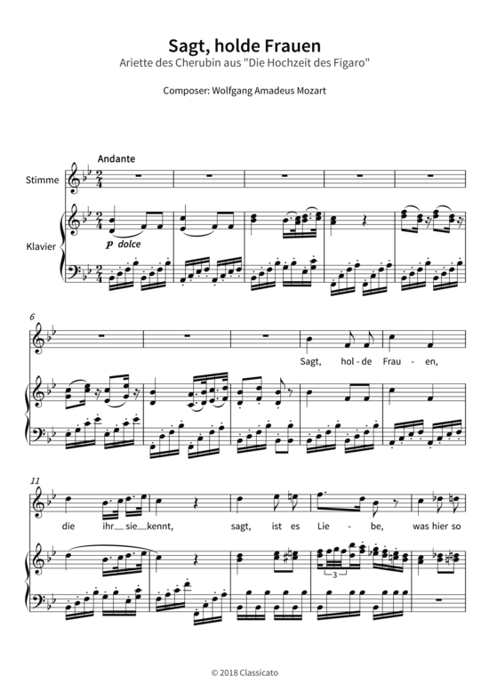 Sagt holde Frauen - Ariette des Cherubin aus Die Hochzeit des Figaro (Gesang + Klavier) (Klavier  Gesang) von Wolfgang Amadeus Mozart