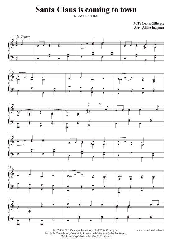 Santa Claus is coming to town (Klavier solo leicht) (Klavier Solo) von Perry Como