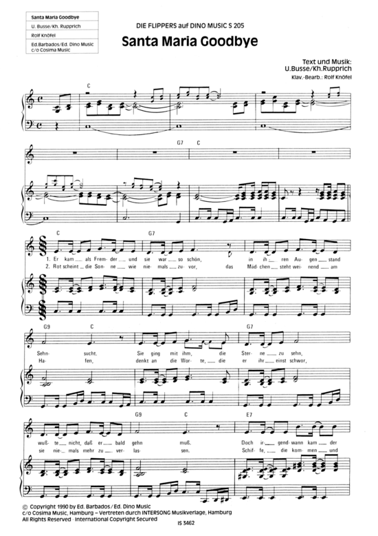 Santa Maria Goodbye (Klavier + Gesang) (Klavier Gesang  Gitarre) von Die Flippers