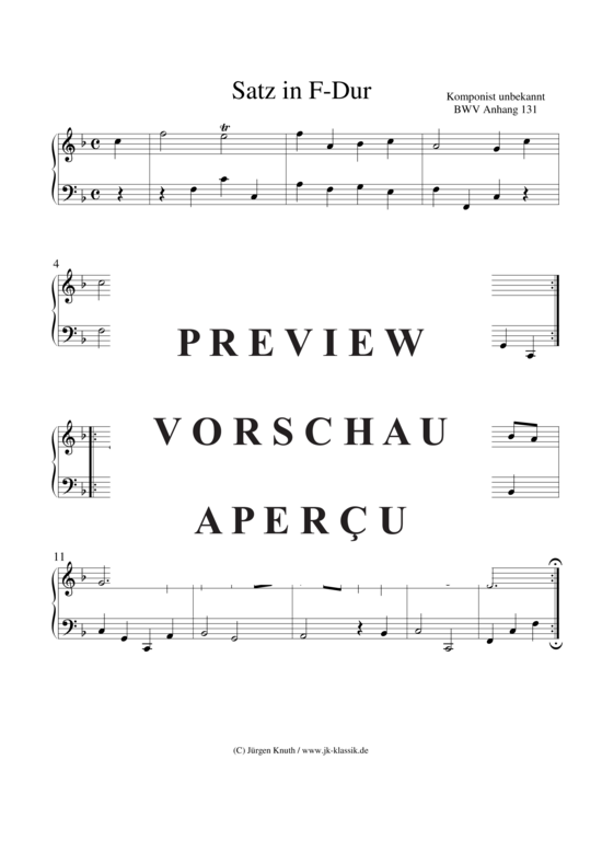 Satz in F-Dur BWV Anhang 131 aus dem Notenbuch Anna M. Bach (Klavier Cembalo Solo) (Klavier Solo) von unbekannt