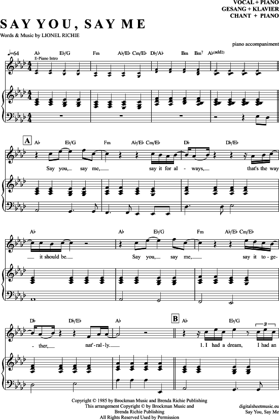 Say You Say Me (Klavier Begleitung + Gesang) (Klavier Gesang  Gitarre) von Lionel Richie