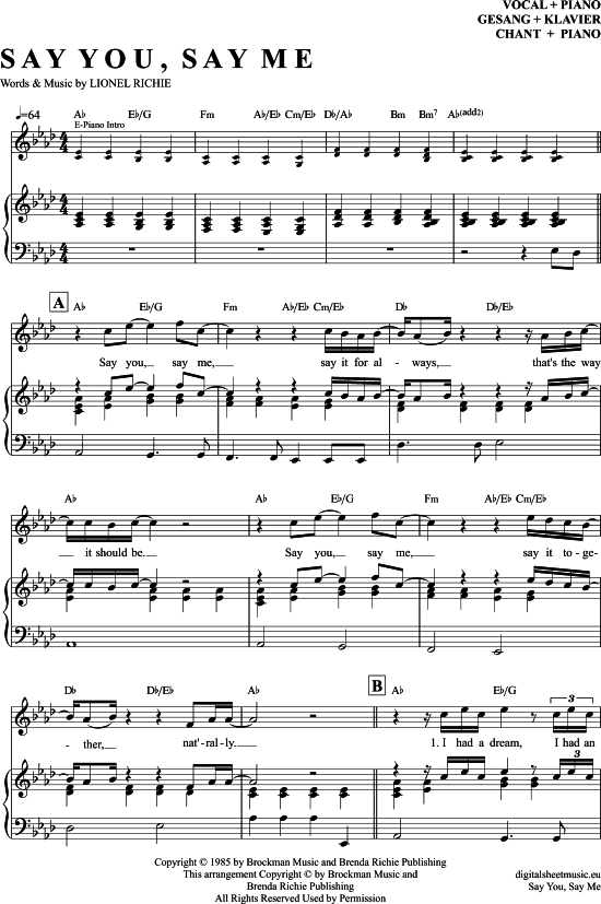Say You Say Me (Klavier + Gesang) (Klavier Gesang  Gitarre) von Lionel Richie