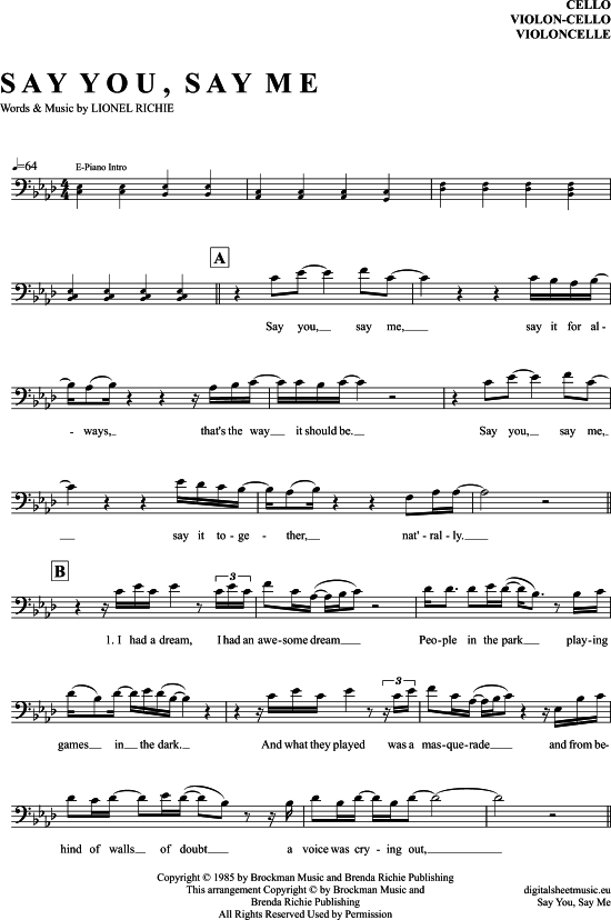 Say You Say Me (Violoncello) (Violoncello) von Lionel Richie
