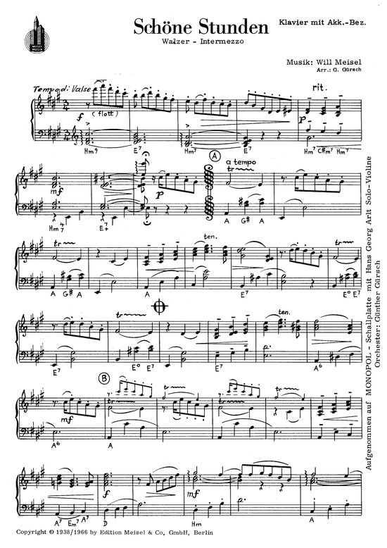 Sch ouml ne Stunden (Klavier Solo) (Klavier Solo) von Walzer-Intermezzo