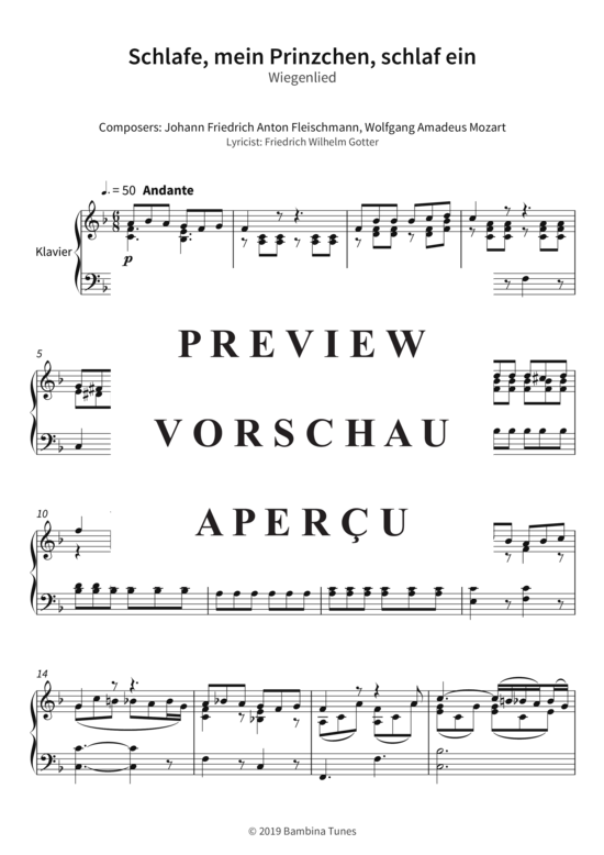 Schlafe mein Prinzchen schlaf ein - Wiegenlied (Klavier Solo) (Klavier Solo) von Wolfgang Amadeus Mozart