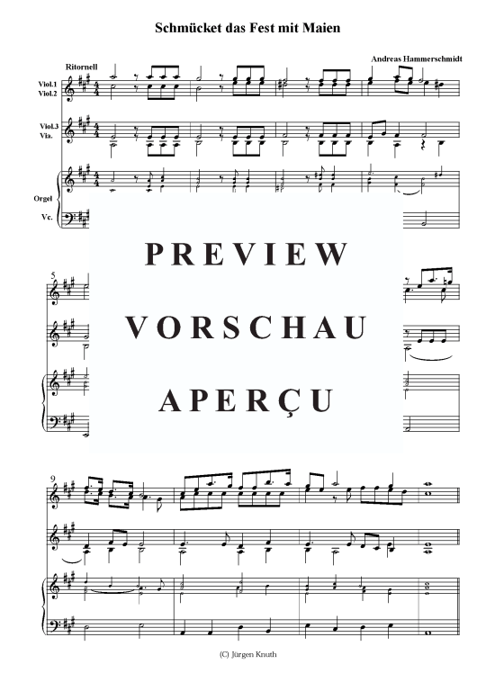 Schm cket das Fest mit Maien (Chor Streichquartett + Orgel Kont.) (Gemischter Chor Streicher Orgel) von Andreas Hammerschmidt