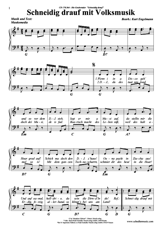 Schneidig drauf mit Volksmusik (Klavier + Gesang) (Klavier Gesang  Gitarre) von Die Grubertaler 