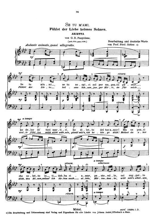 Se tu m acute ami (Gesang mittel + Klavier) (Klavier  Gesang mittel) von Giovanni Pergolesi