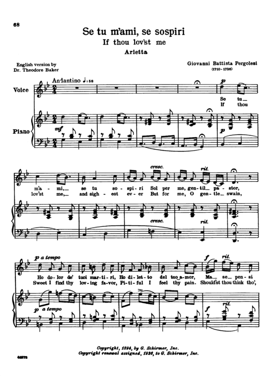 Se tu m ami (Gesang hoch + Klavier) (Klavier  Gesang hoch) von Giovanni Battista Pergolesi