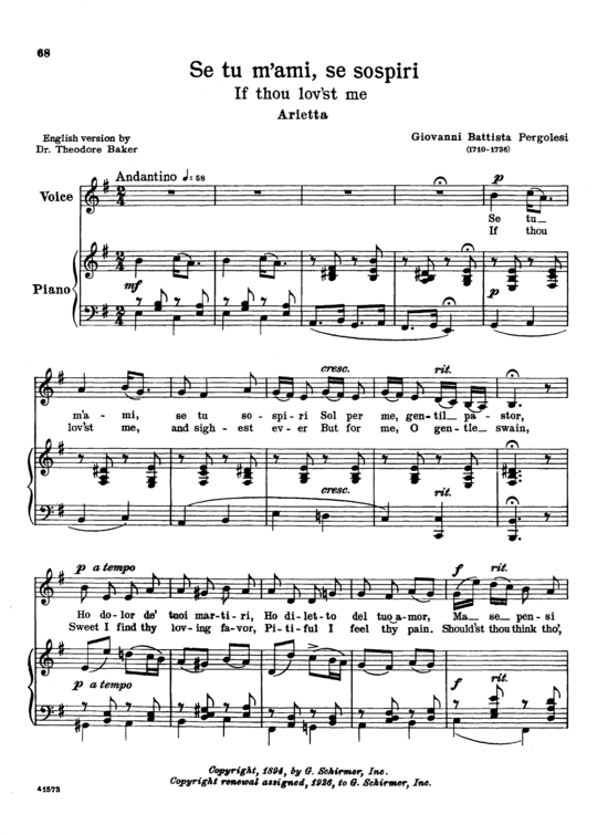 Se tu m ami (Gesang tief + Klavier) (Klavier  Gesang tief) von Giovanni Battista Pergolesi