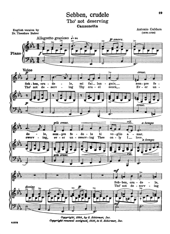 Sebben crudele (Gesang tief + Klavier) (Klavier  Gesang tief) von Antonio Caldara