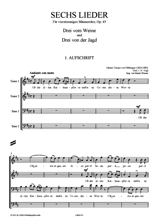 Sechs Lieder (op. 45) (M auml nnerchor) (M nnerchor) von Johann Vesque von P uuml ttlingen