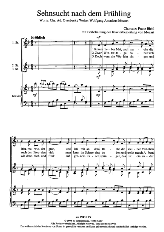 Sehnsucht nach dem Fr uuml hling (Frauenchor + Klavier) (Frauenchor) von W. A. Mozart