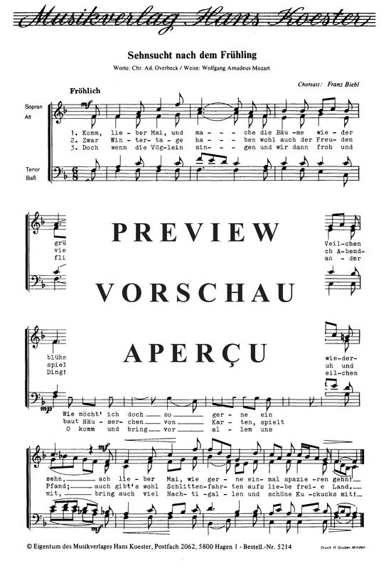 Sehnsucht nach dem Fr uuml hling (Gemischter Chor) (Gemischter Chor) von W. A. Mozart (Satz Franz Biebl)