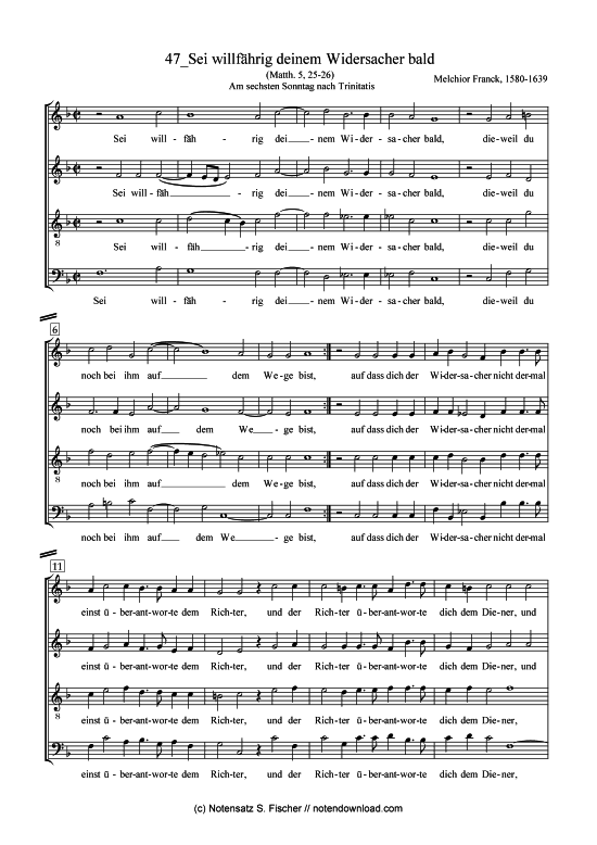 Sei willf hrig deinem Widersacher bald (Gemischter Chor) (Gemischter Chor) von Melchior Franck (1580-1639)