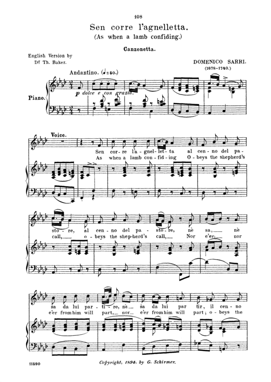 Sen corre l agnelletta (Gesang mittel + Klavier) (Klavier  Gesang mittel) von Domenico Sarri
