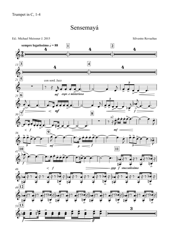 Sensemaya (Trompete 1-4 in C) (Orchester) von Silvestre Revueltas (nur Einzelstimme)