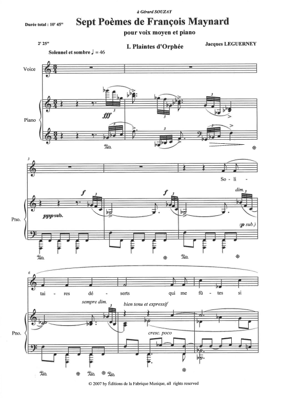 Sept Po mes de Fran ois Maynard (Gesang mittel + Klavier) (Klavier  Gesang mittel) von Jacques Leguerney