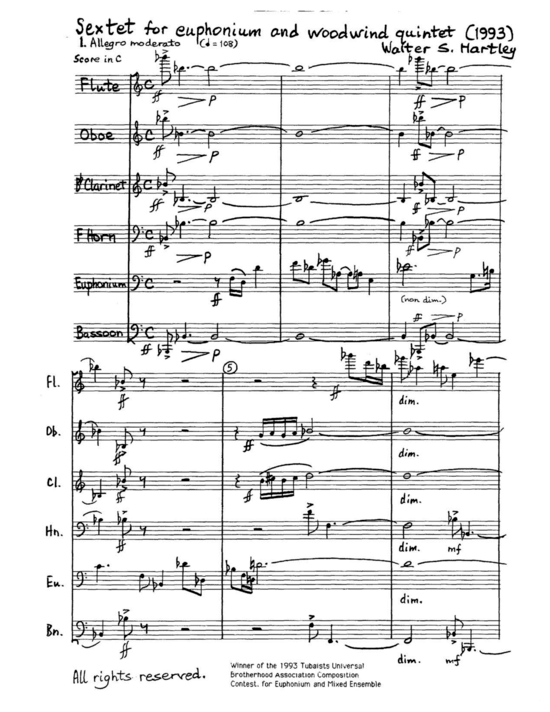 Sextet (Gemischtes Ensemble f uuml r Holzbl auml ser Quintett + Euphonium Solo) (Ensemble (Gemischt)) von Walter Hartley