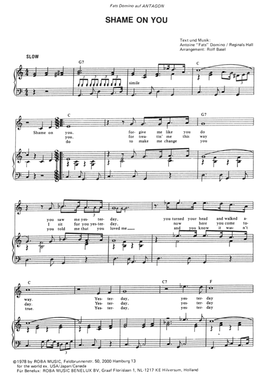 Shame on You (Klavier + Gesang) (Klavier Gesang  Gitarre) von Fats Domino