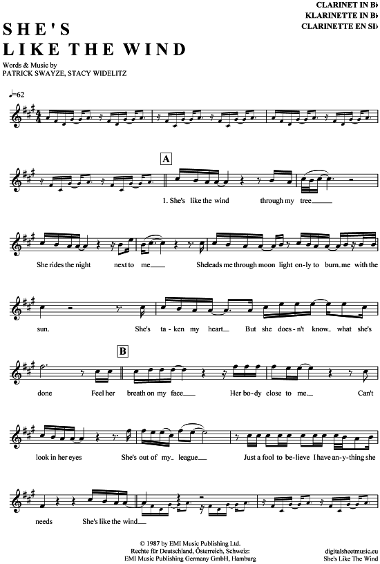 She acute s like the wind (Klarinette in B) (Klarinette) von Patrick Swayze (aus Dirty Dancing)