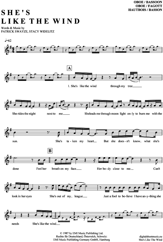 She acute s like the wind (Oboe  Fagott) (Oboe Fagott) von Patrick Swayze (aus Dirty Dancing)