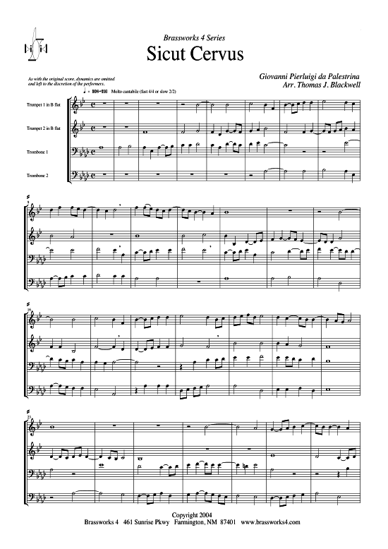 Sicut Cervus (2xTromp in B Horn in F (Pos) Pos) (Quartett (Blech Brass)) von Giovanni Piergluigi da Palestrina