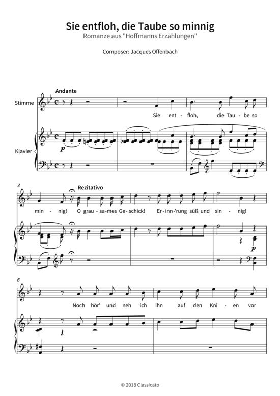 Sie entfloh die Taube so minnig - Romanze aus Hoffmanns Erz hlungen (Gesang + Klavier) (Klavier  Gesang) von Jacques Offenbach