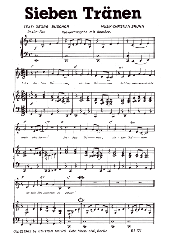 Sieben Tr auml nen (Klavier + Gesang) (Klavier Gesang  Gitarre) von Siw Malmkvist