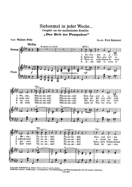 Siebenmal in jeder Woche (Klavier + Gesang) (Klavier Gesang  Gitarre) von aus Das Bett der Pompadour
