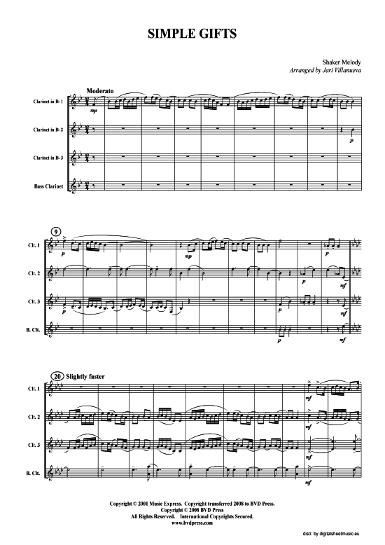 Simple Gifts (3xKLAR in B Bass-KLAR) (Quartett (Klarinette)) von Traditional (arr. Villanueva)