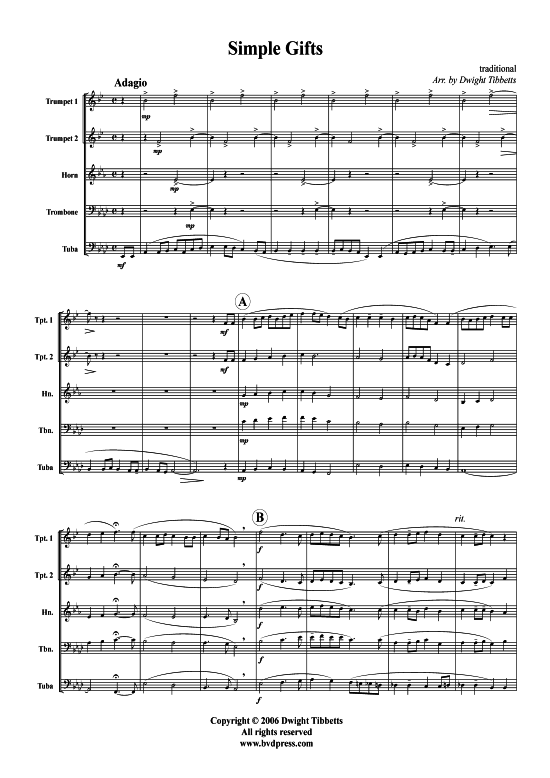 Simple Gifts (Blechbl serquintett) (Quintett (Blech Brass)) von Traditional (arr. Tibbetts)