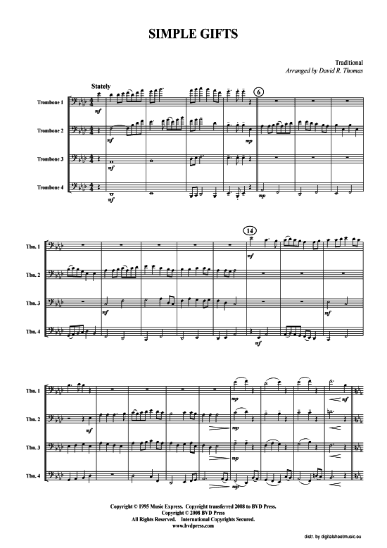 Simple Gifts (Posaunen-Quartett) (Quartett (Posaune)) von Traditional (arr. Thomas)