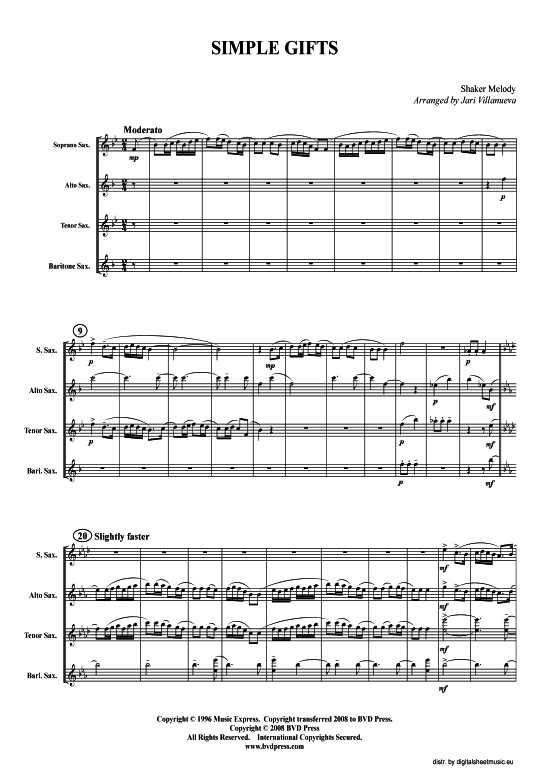 Simple Gifts (Saxophon-Quartett S(A)ATB) (Quartett (Saxophon)) von Traditional (arr. Villanueva)
