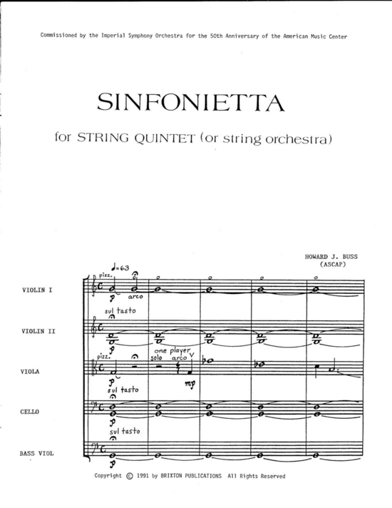 Sinfonietta (Streichquintett 2 Geigen Bratsche Cello und Kontrabass) (Quintett (Streicher)) von Howard J. Buss