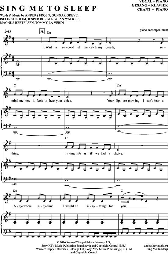 Sing Me To Sleep (Klavier Begleitung + Gesang) (Klavier Gesang  Gitarre) von Alan Walker
