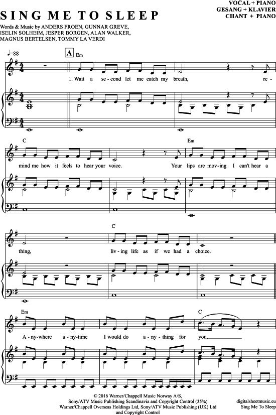 Sing Me To Sleep (Klavier + Gesang) (Klavier Gesang  Gitarre) von Alan Walker