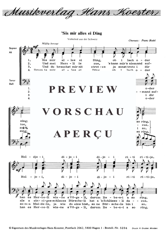 Sis mir alles ei Ding (Gemischter Chor) (Gemischter Chor) von Volkslied aus der Schweiz (Satz Franz Biebl)