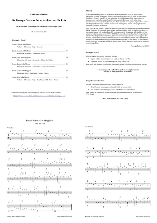 Six Baroque Sonatas for an Archlute or 10c Lute (Laute Tabulatur) (Laute) von Christoph Dalitz (1998)