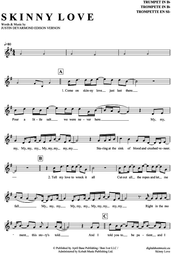 Skinny Love (Trompete in B) (Trompete) von Birdy