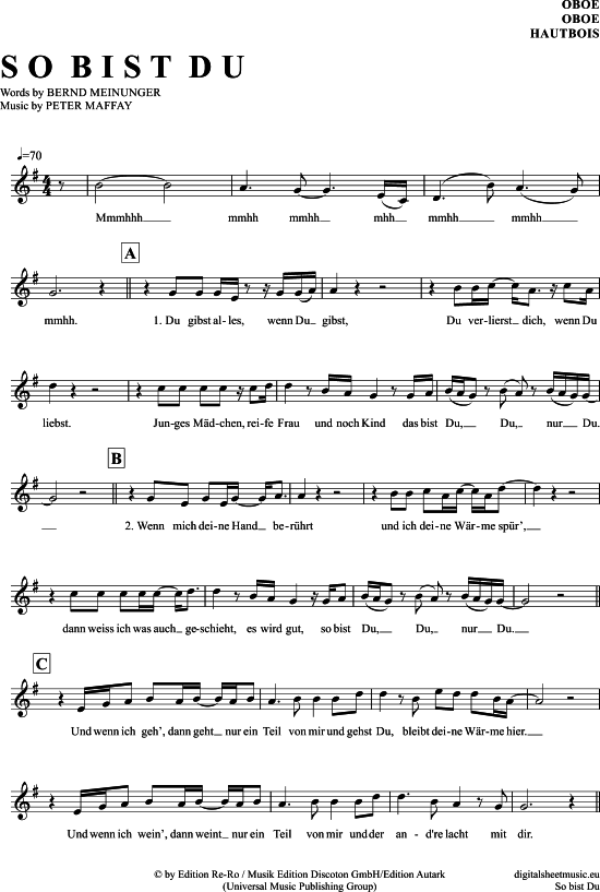 So Bist Du (Oboe) (Oboe Fagott) von Peter Maffay
