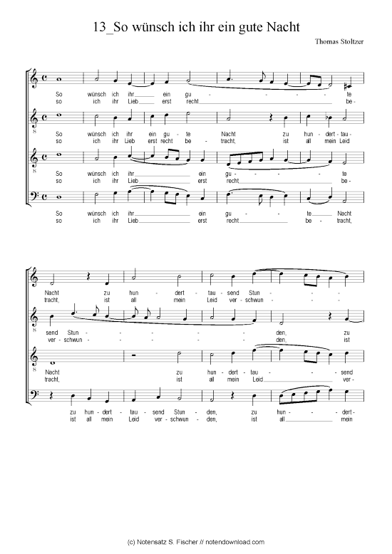 So w nsch ich ihr ein gute Nacht (Gemischter Chor) (Gemischter Chor) von Thomas Stoltzer (1450-1526)