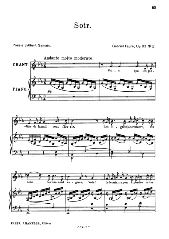 Soir Op.83 No.2 (Gesang hoch + Klavier) (Klavier  Gesang hoch) von Gabriel Faur eacute 