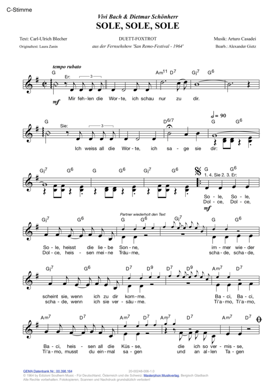 Sole Sole Sole (Melodie-Stimmen in C B Es) (Stimmen in C B Es) von Vivi Bach amp Dietmar Sch ouml nherr