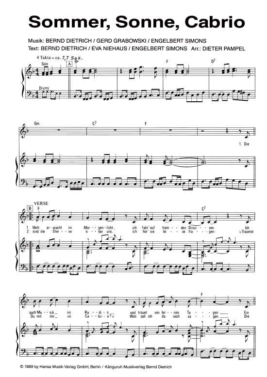 Sommer Sonne Cabrio (Klavier + Gesang) (Klavier Gesang  Gitarre) von G. G. Anderson